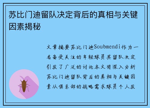 苏比门迪留队决定背后的真相与关键因素揭秘