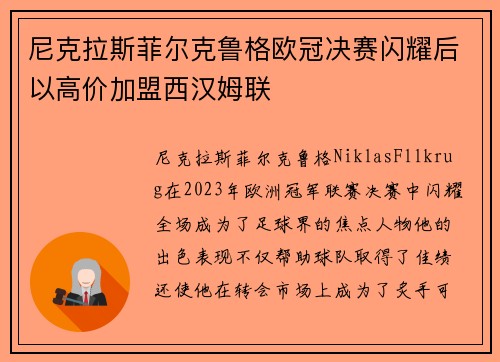 尼克拉斯菲尔克鲁格欧冠决赛闪耀后以高价加盟西汉姆联